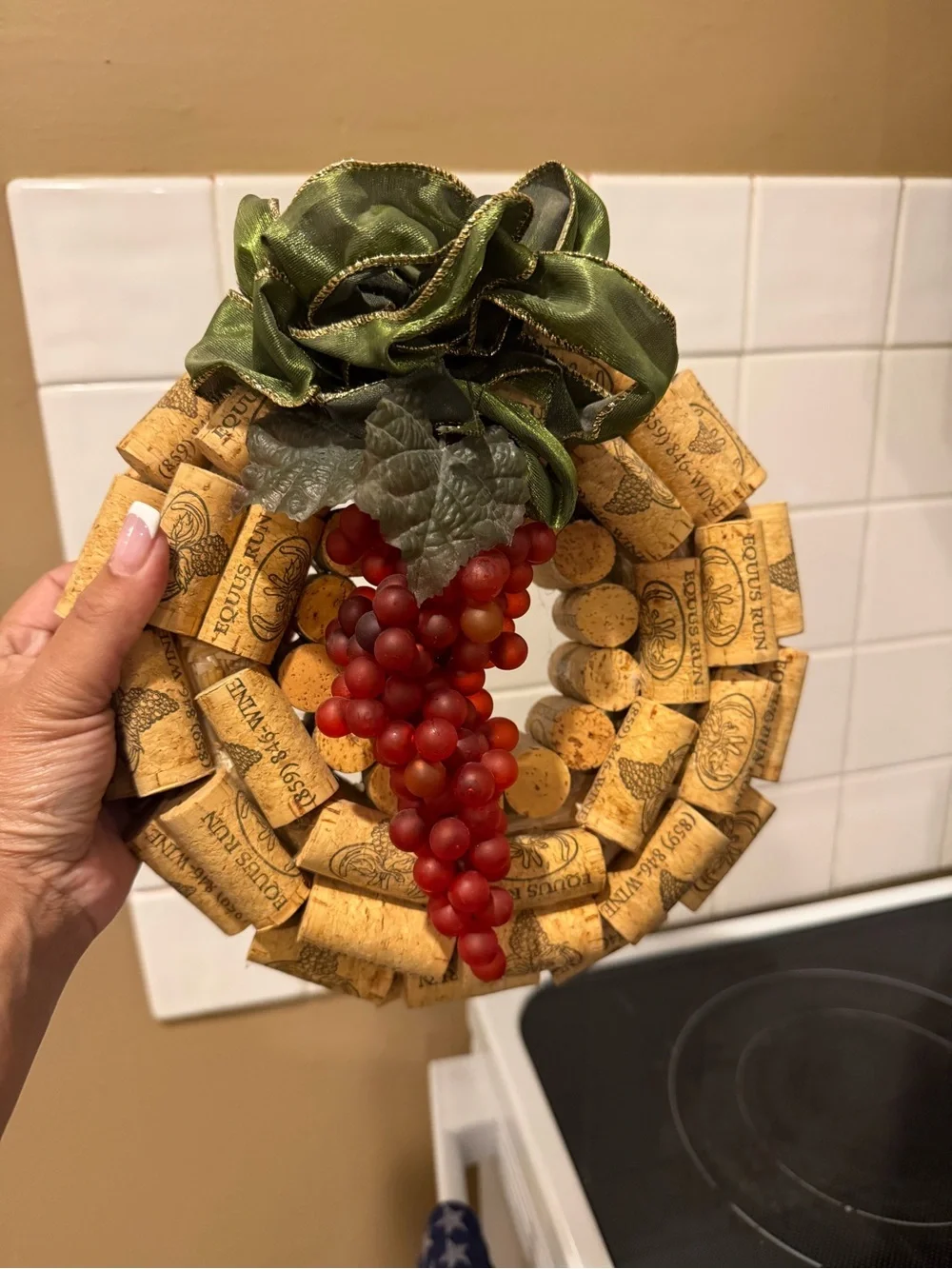 Wine. Handcrafted Wine Cork Wreath with Red Grape Accent.